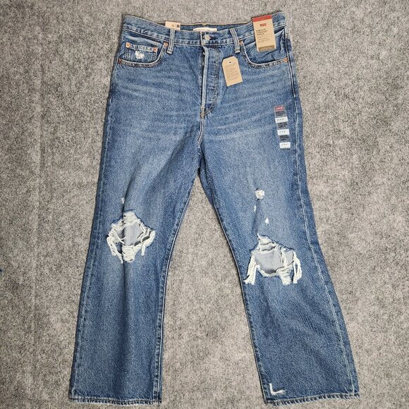 Levis Ribcage Straight Ankle Jeans Women 32x27 Distressed Button Fly Medium Wash - Picture 1 of 7